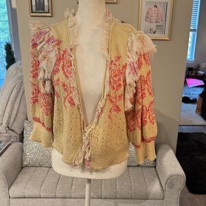 Free People Cream and Pink Floral Knit Cardigan